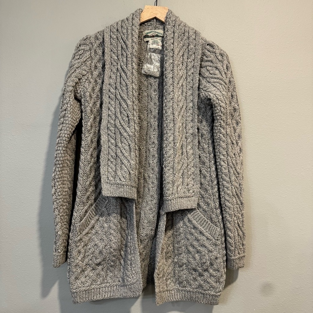 Aran Crafts Classic Gray Merino Wool Cable Knit Cardigan Sweater XS